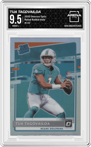 Tua Tagovailoa from the 2020 Panini Donruss Optic set featuring a Holo parallel graded by Arena Club and given an overall grade of 9.5.