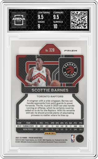 Scottie Barnes from the 2021-22 Panini Prizm  set featuring a Orange Ice parallel graded by Arena Club and given an overall grade of 9.5.
