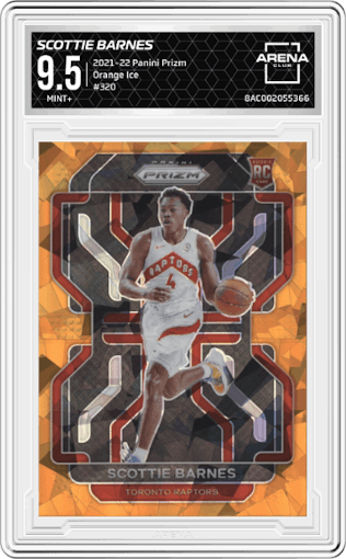 Scottie Barnes from the 2021-22 Panini Prizm  set featuring a Orange Ice parallel graded by Arena Club and given an overall grade of 9.5.