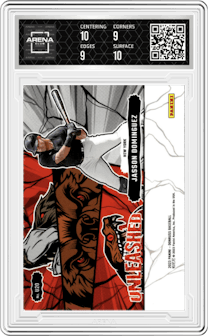 Jasson Dominguez from the 2023 Panini Donruss set featuring a Rapture parallel graded by Arena Club and given an overall grade of 9.5.
