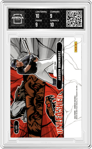 Jasson Dominguez from the 2023 Panini Donruss set featuring a Rapture parallel graded by Arena Club and given an overall grade of 9.5.