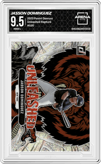 Jasson Dominguez from the 2023 Panini Donruss set featuring a Rapture parallel graded by Arena Club and given an overall grade of 9.5.