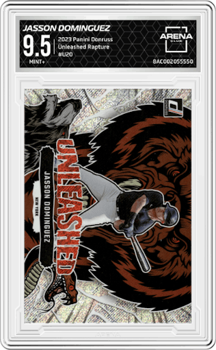 Jasson Dominguez from the 2023 Panini Donruss set featuring a Rapture parallel graded by Arena Club and given an overall grade of 9.5.