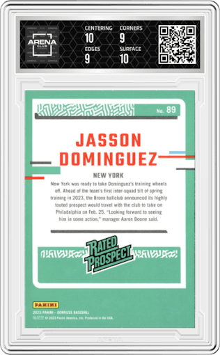 Jasson Dominguez from the 2023 Panini Donruss set graded by Arena Club and given an overall grade of 9.5.