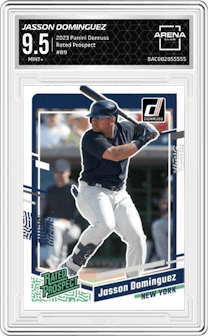 Jasson Dominguez from the 2023 Panini Donruss set graded by Arena Club and given an overall grade of 9.5.