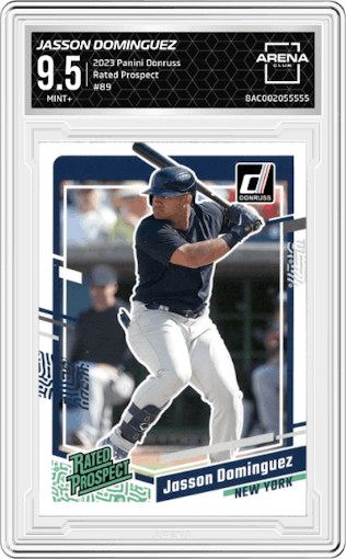 Jasson Dominguez from the 2023 Panini Donruss set graded by Arena Club and given an overall grade of 9.5.