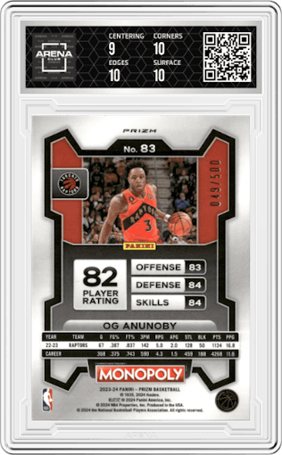 OG Anunoby from the 2023-24 Panini Prizm Monopoly set featuring a Gold Millionaire Shimmer  parallel graded by Arena Club and given an overall grade of 9.5.