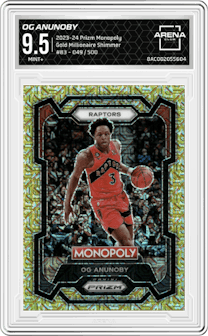 OG Anunoby from the 2023-24 Panini Prizm Monopoly set featuring a Gold Millionaire Shimmer  parallel graded by Arena Club and given an overall grade of 9.5.