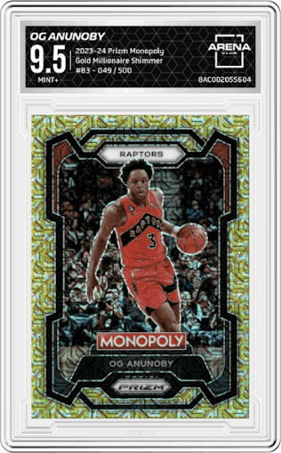 OG Anunoby from the 2023-24 Panini Prizm Monopoly set featuring a Gold Millionaire Shimmer  parallel graded by Arena Club and given an overall grade of 9.5.