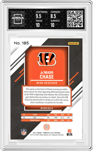 Ja'Marr Chase from the 2021 Panini Donruss Elite set graded by Arena Club and given an overall grade of 9.