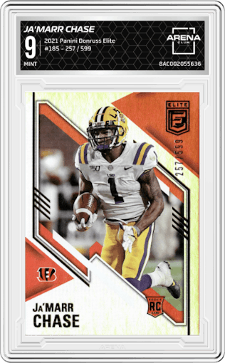 Ja'Marr Chase from the 2021 Panini Donruss Elite set graded by Arena Club and given an overall grade of 9.