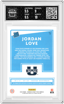 Jordan Love from the 2020 Panini Chronicles Draft Picks  set graded by Arena Club and given an overall grade of 9.5.