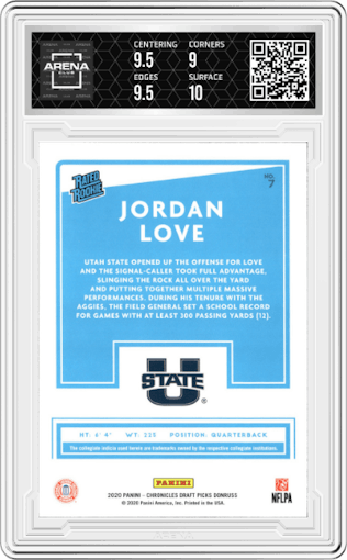 Jordan Love from the 2020 Panini Chronicles Draft Picks  set graded by Arena Club and given an overall grade of 9.5.