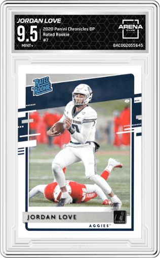 Jordan Love from the 2020 Panini Chronicles Draft Picks  set graded by Arena Club and given an overall grade of 9.5.