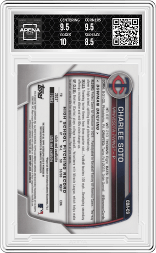 Charlee Soto from the 2023 Bowman Draft set graded by Arena Club and given an overall grade of 9.