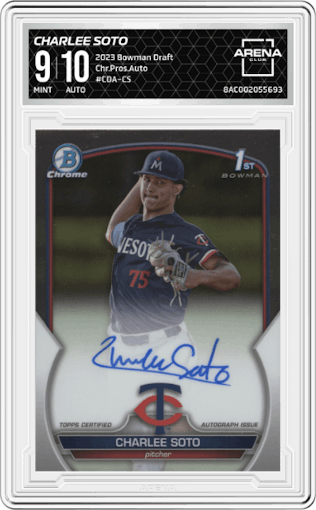 Charlee Soto from the 2023 Bowman Draft set graded by Arena Club and given an overall grade of 9.