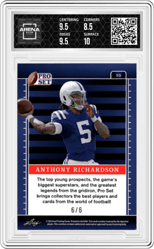 Anthony Richardson from the 2023 Pro Set Metal set featuring a Blue Wave parallel graded by Arena Club and given an overall grade of 9.