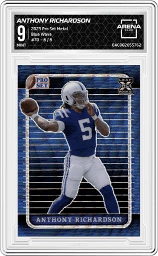 Anthony Richardson from the 2023 Pro Set Metal set featuring a Blue Wave parallel graded by Arena Club and given an overall grade of 9.
