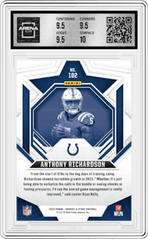 Anthony Richardson from the 2023 Panini Rookies & Stars set graded by Arena Club and given an overall grade of 10.