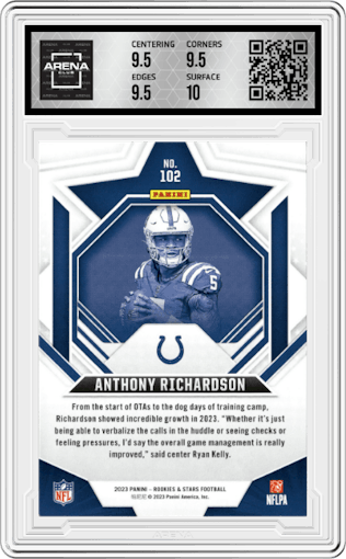 Anthony Richardson from the 2023 Panini Rookies & Stars set graded by Arena Club and given an overall grade of 10.
