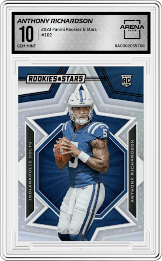 Anthony Richardson from the 2023 Panini Rookies & Stars set graded by Arena Club and given an overall grade of 10.