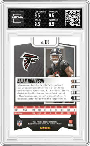 Bijan Robinson from the 2023 Panini Absolute set graded by Arena Club and given an overall grade of 9.5.
