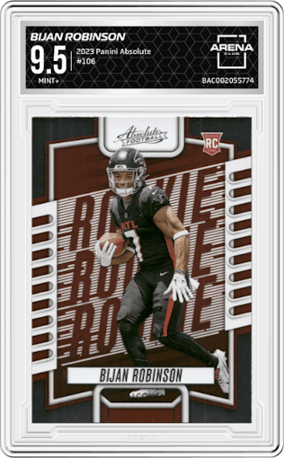 Bijan Robinson from the 2023 Panini Absolute set graded by Arena Club and given an overall grade of 9.5.