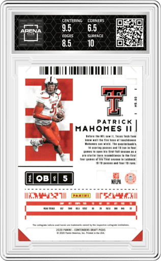 Patrick Mahomes II from the 2020 Panini Contenders Draft Picks set graded by Arena Club and given an overall grade of 7.