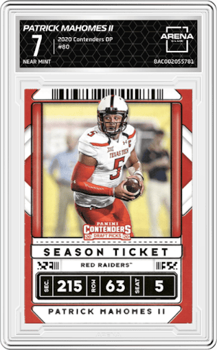 Patrick Mahomes II from the 2020 Panini Contenders Draft Picks set graded by Arena Club and given an overall grade of 7.