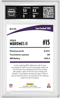 Patrick Mahomes II from the 2020 Panini Score set graded by Arena Club and given an overall grade of 9.