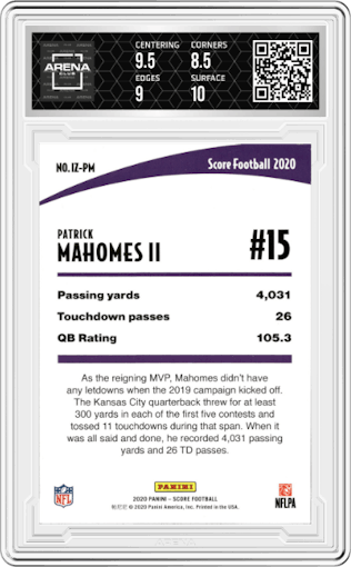 Patrick Mahomes II from the 2020 Panini Score set graded by Arena Club and given an overall grade of 9.
