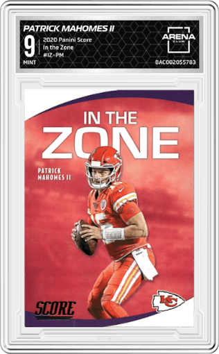 Patrick Mahomes II from the 2020 Panini Score set graded by Arena Club and given an overall grade of 9.
