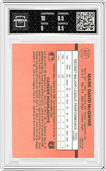 Mark McGwire from the 1990 Donruss set featuring a Variation parallel graded by Arena Club and given an overall grade of 9.