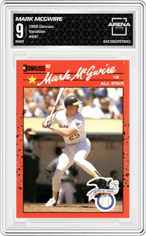 Mark McGwire from the 1990 Donruss set featuring a Variation parallel graded by Arena Club and given an overall grade of 9.