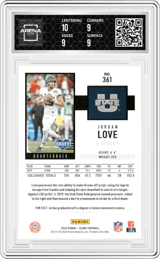 Jordan Love from the 2020 Panini Score set featuring a Green parallel graded by Arena Club and given an overall grade of 9.5.