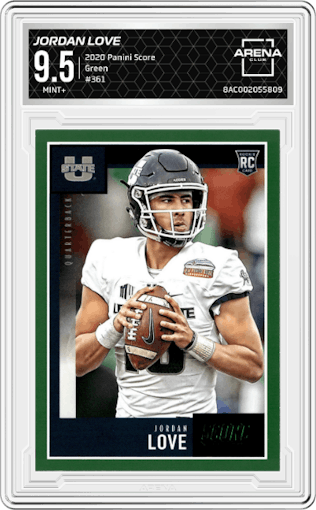 Jordan Love from the 2020 Panini Score set featuring a Green parallel graded by Arena Club and given an overall grade of 9.5.