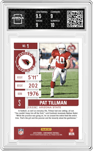 Pat Tillman from the 2019 Panini Contenders set graded by Arena Club and given an overall grade of 9.5.