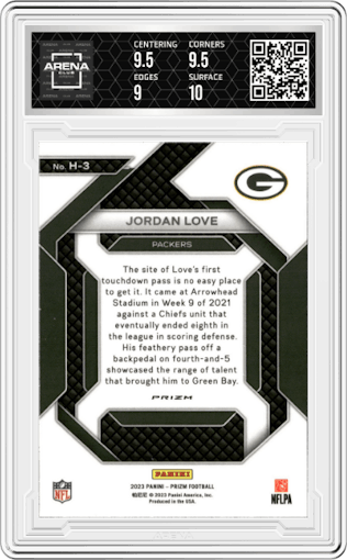 Jordan Love from the 2023 Panini Prizm set featuring a Green Prizm parallel graded by Arena Club and given an overall grade of 9.5.