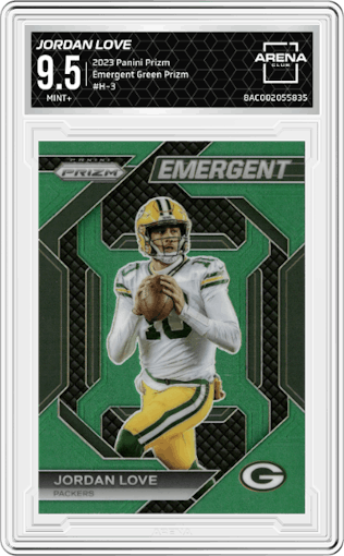 Jordan Love from the 2023 Panini Prizm set featuring a Green Prizm parallel graded by Arena Club and given an overall grade of 9.5.