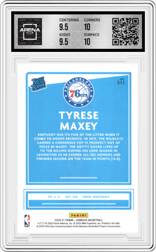 Tyrese Maxey from the 2020-21 Panini Donruss set graded by Arena Club and given an overall grade of 10.