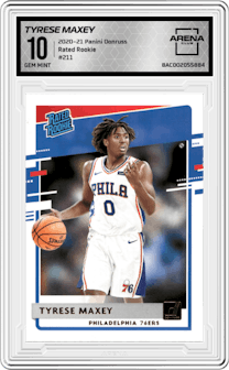 Tyrese Maxey from the 2020-21 Panini Donruss set graded by Arena Club and given an overall grade of 10.