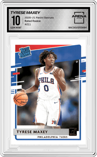 Tyrese Maxey from the 2020-21 Panini Donruss set graded by Arena Club and given an overall grade of 10.