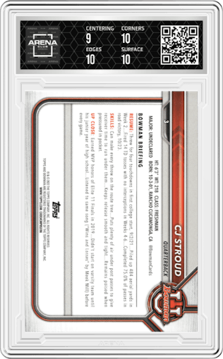 CJ Stroud from the 2021-22 Bowman University set graded by Arena Club and given an overall grade of 9.5.