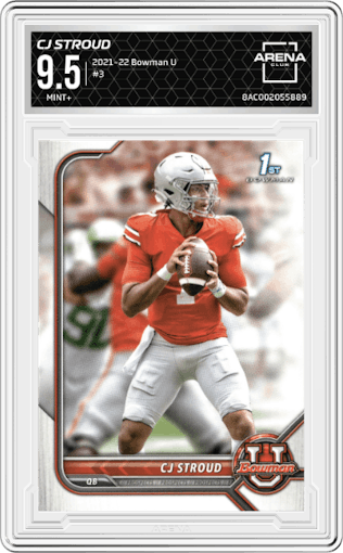 CJ Stroud from the 2021-22 Bowman University set graded by Arena Club and given an overall grade of 9.5.