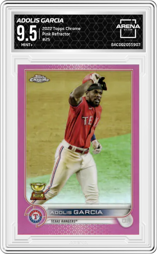 Adolis Garcia from the 2022 Topps Chrome set featuring a Pink Refractor parallel graded by Arena Club and given an overall grade of 9.5.