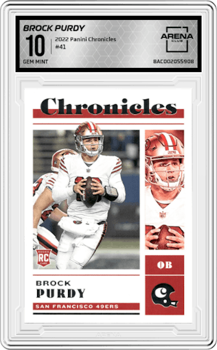 Brock Purdy from the 2022 Panini Chronicles set graded by Arena Club and given an overall grade of 10.