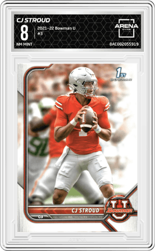 CJ Stroud from the 2021-22 Bowman University set graded by Arena Club and given an overall grade of 8.