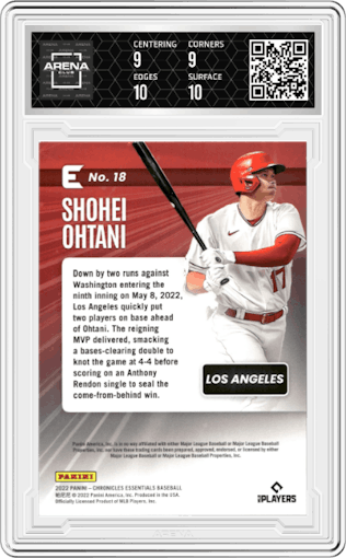 Shohei Ohtani from the 2022 Panini Chronicles set graded by Arena Club and given an overall grade of 9.5.