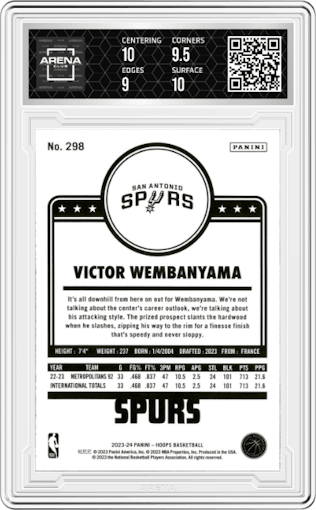 Victor Wembanyama from the 2023-24 Panini NBA Hoops set featuring a Winter parallel graded by Arena Club and given an overall grade of 9.5.
