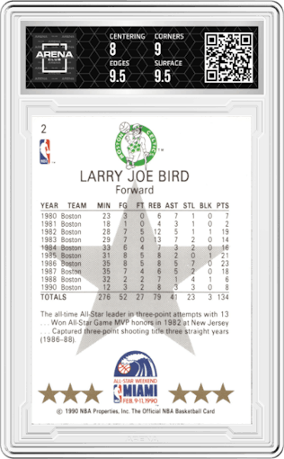 Larry Bird from the 1990-91 NBA Hoops set graded by Arena Club and given an overall grade of 8.5.